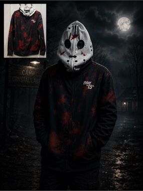 Friday The 13th Unisex Black Hoodie with Jason Mask Graphic Full Zip